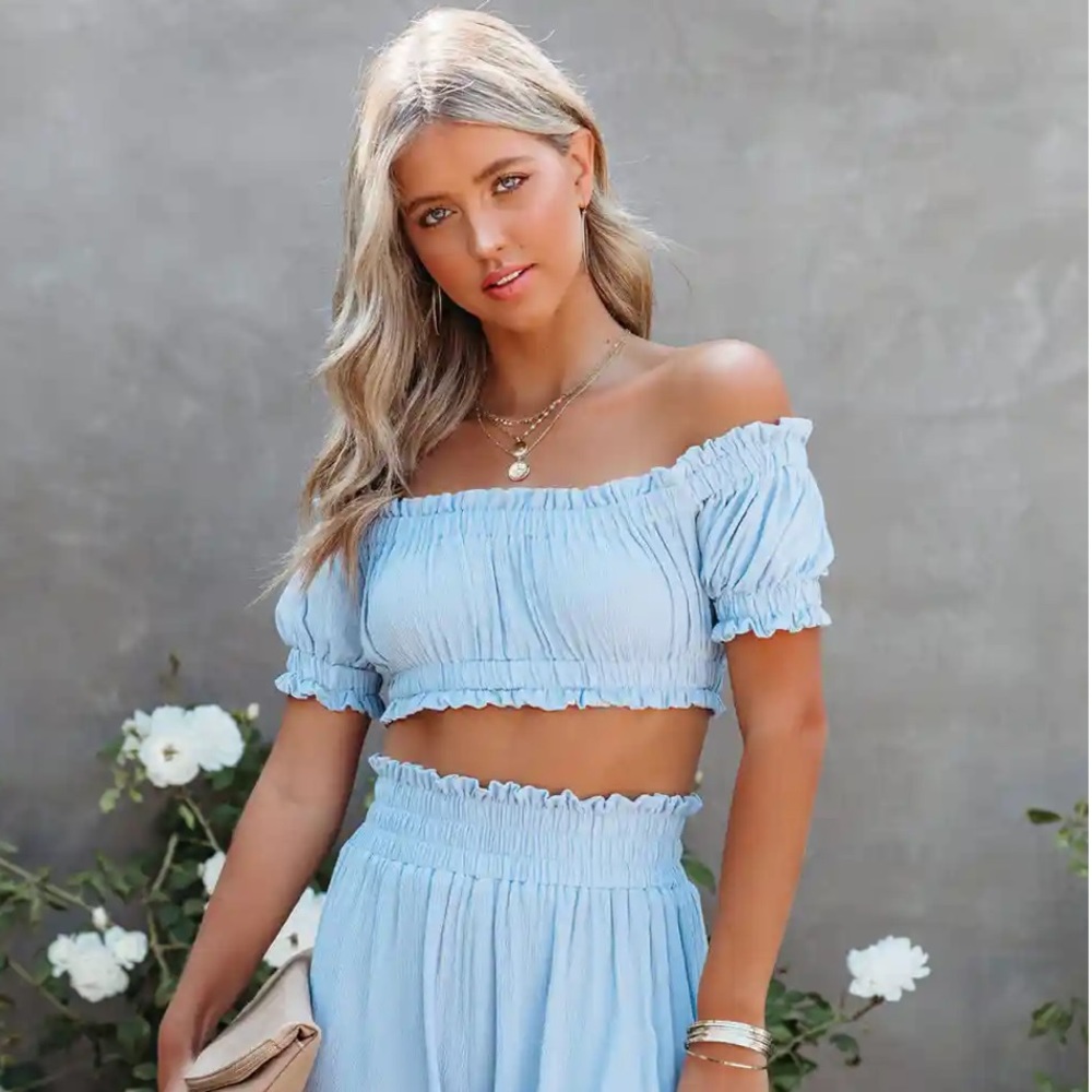 Off the shoulder blue crop top